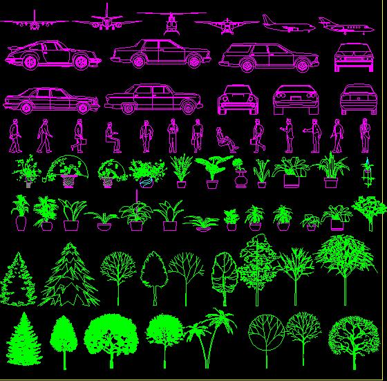 飞机，汽车，人及植物cad图块
